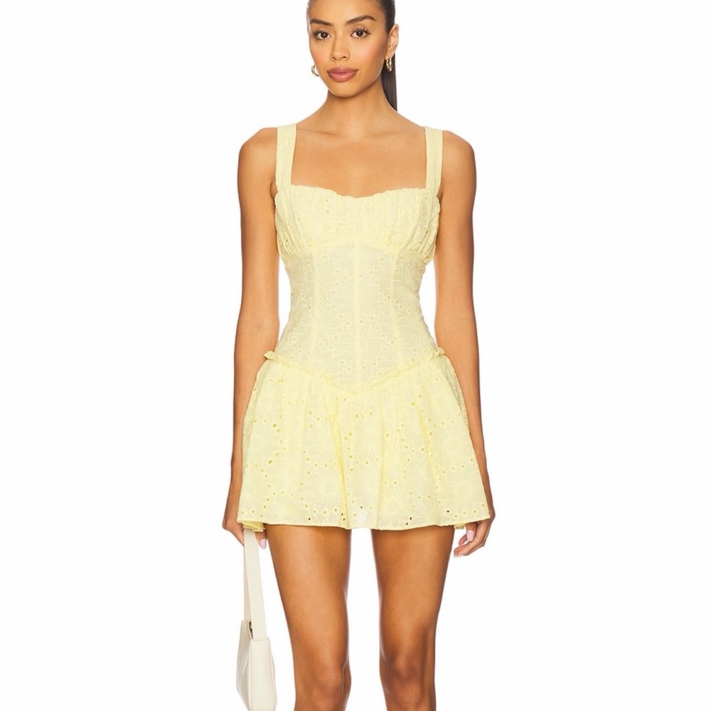 Lovers + Friends Pale Yellow Eyelet Corset Mini Dress